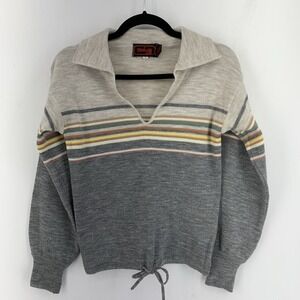 Vintage Skiva Int Womens Large Sweater Beige Boho Striped Shawl Collar Retro 70s